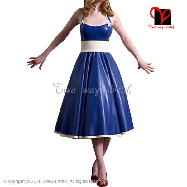 blue and white Сексуальное голубое платье из белого латекса с кружевной спинкой и бантом, резиновый облегающий купальник без спины, большие размеры XXL QZ-136 - Color: blue and white