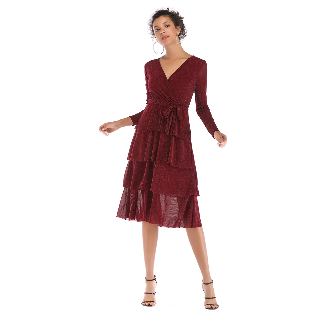 Женское многослойное платье с v образным вырезом и длинным рукавом со шнуровкой