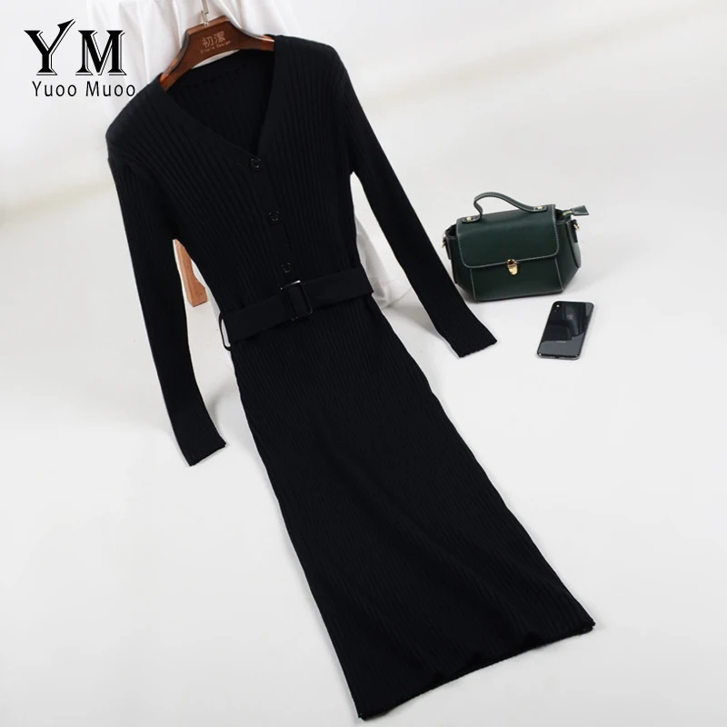 Женское офисное платье на пуговицах YuooMuoo элегантное черное вязаное