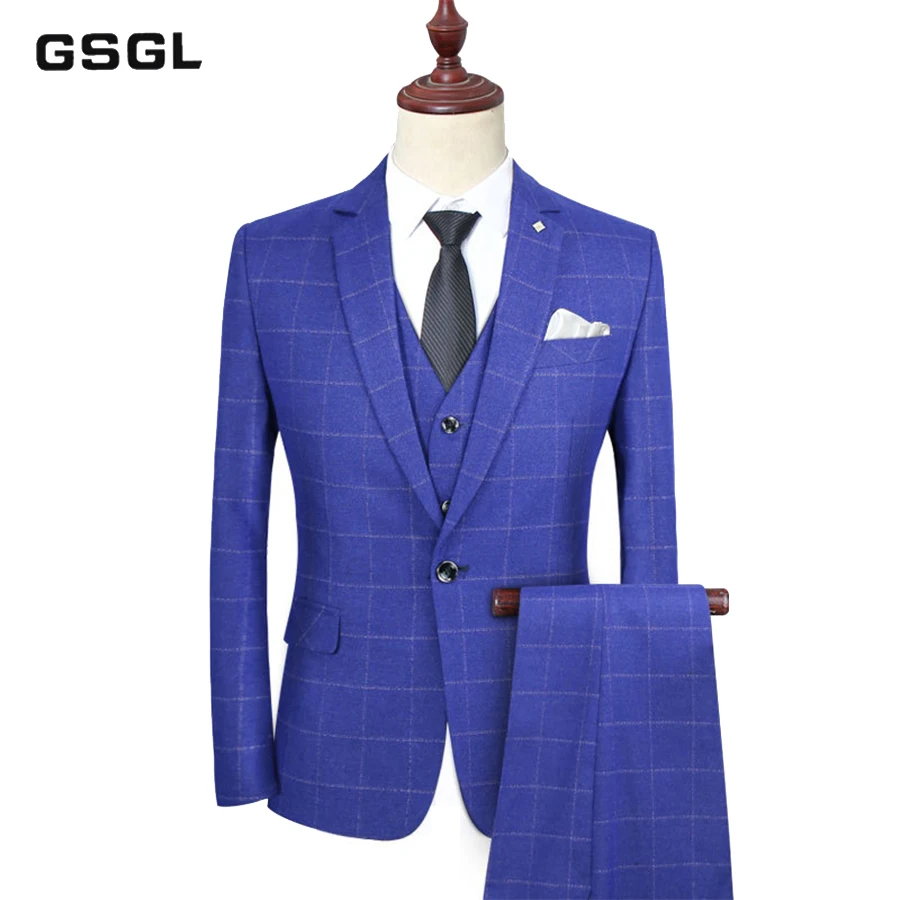 Men's 3-Piece Suit Plaid Slim Fit One Button Single-Breasted Blazer Vest and Pants for Wedding Business