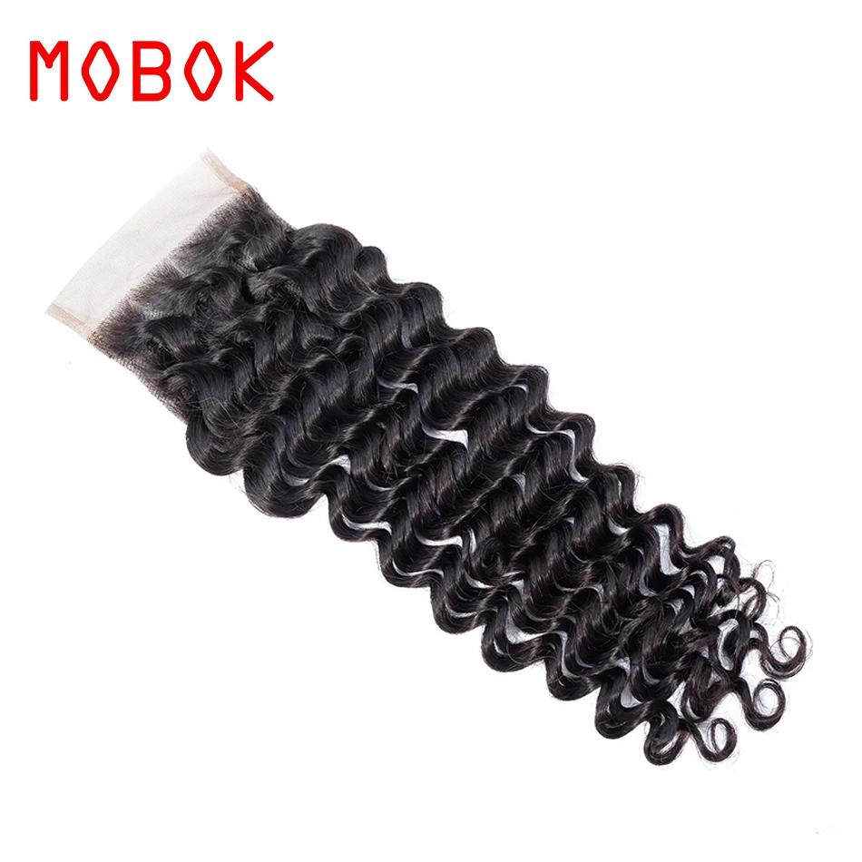MOBOK Deep Wave Brazilian Human Hair 4*4 Lace Closure Free/Middle/Three Part Non-Remy Natural Color Free Shipping | Шиньоны и парики