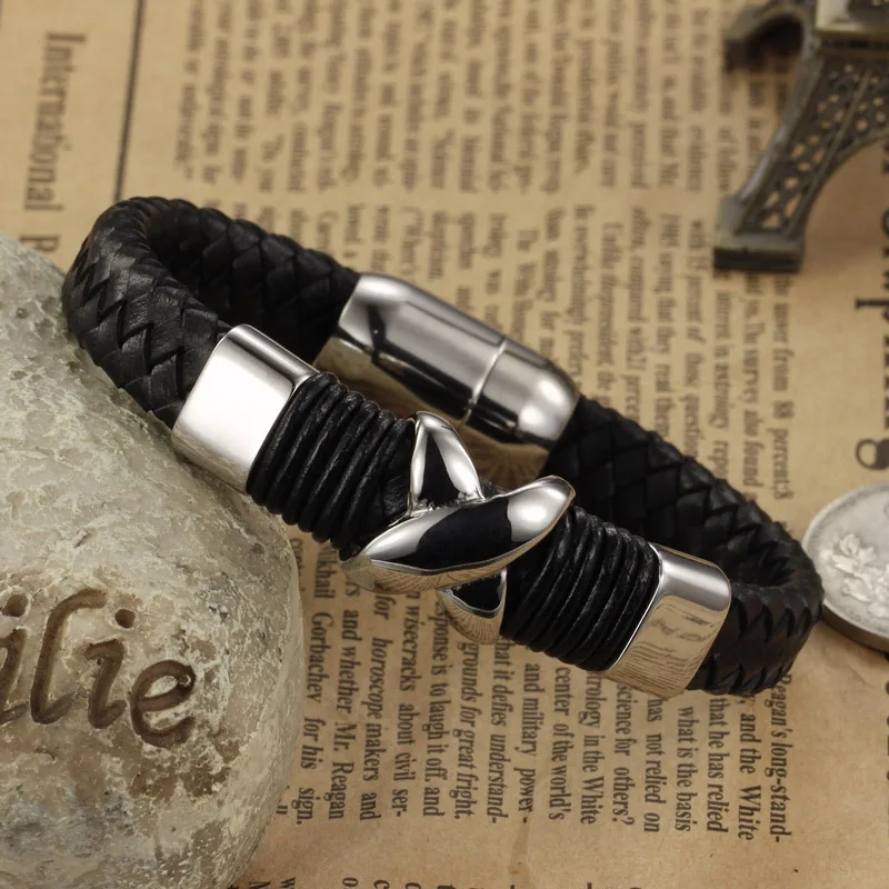 Ретро Модный кожаный браслет мужские ювелирные изделия из нержавеющей стали