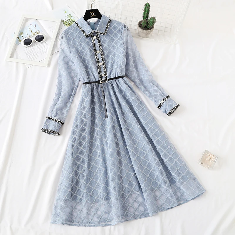 Женское кружевное платье с длинным рукавом до середины икры отложным воротником