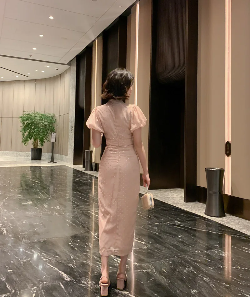 Летние винтажные платья Cheongsam, офисный Женский Бандаж, Сплит, Сексуальные вечерние платья, стоячий воротник, короткие пышные рукава, высококачественное женское платье