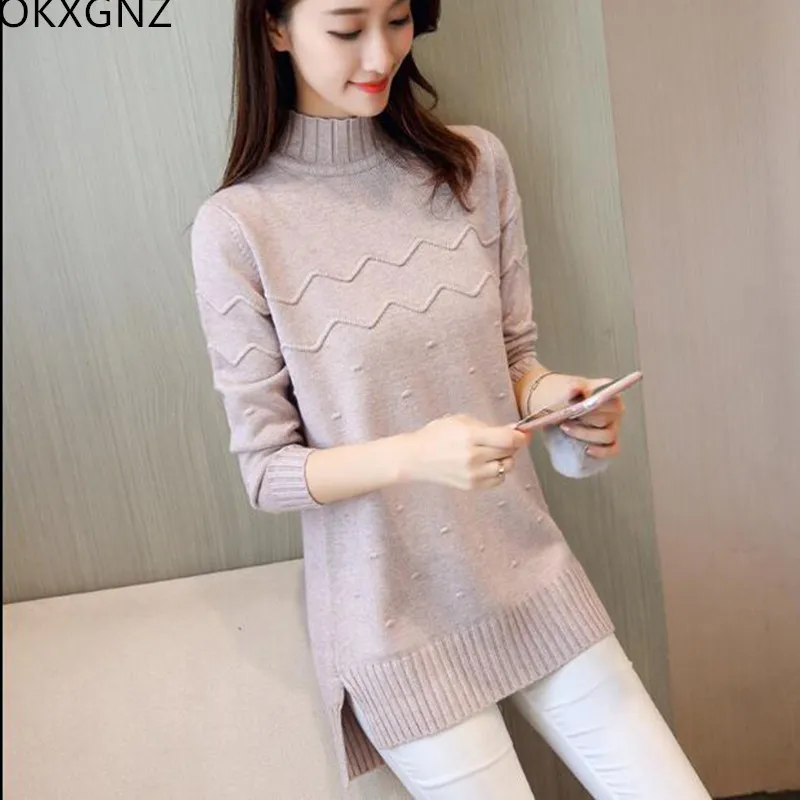 2018 Women's Spring Half Turtleneck Sweater Long Loose Bottom Knit Yellow Gray Apricot Pink Elegant Warm Outside | Женская одежда