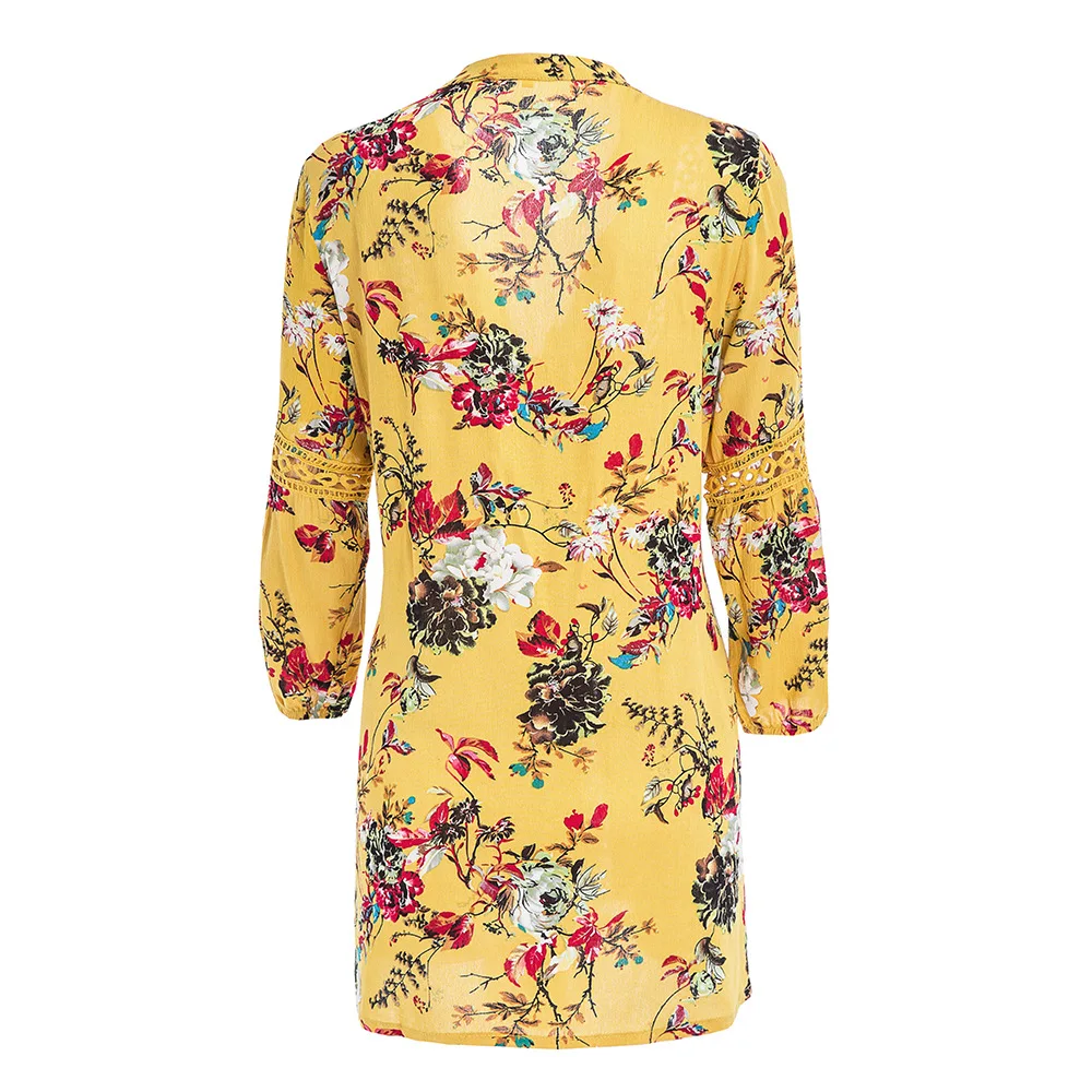 Hollow out boho summer dress Women vintage loose lace lantern sleeve short Ruffle flower print sexy vestidos | Женская одежда