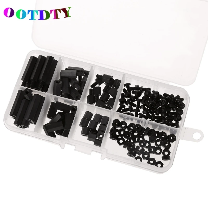 OOTDTY, 160 шт., M3, нейлон, черный, M-F, шестигранные прокладки, винт, гайка, ассортимент, набор, стенд, набор, G07