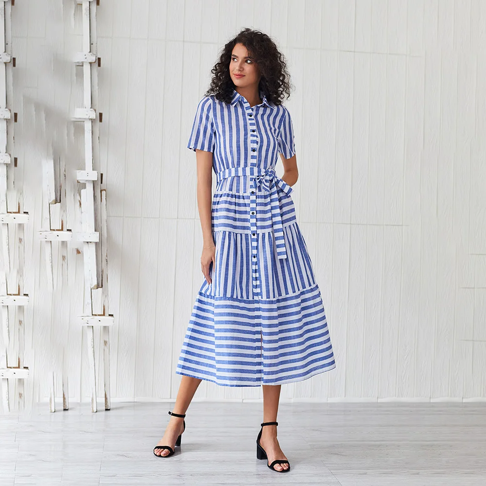Летнее синее платье в полоску рубашка для отдыха большие размеры Пляжное бохо