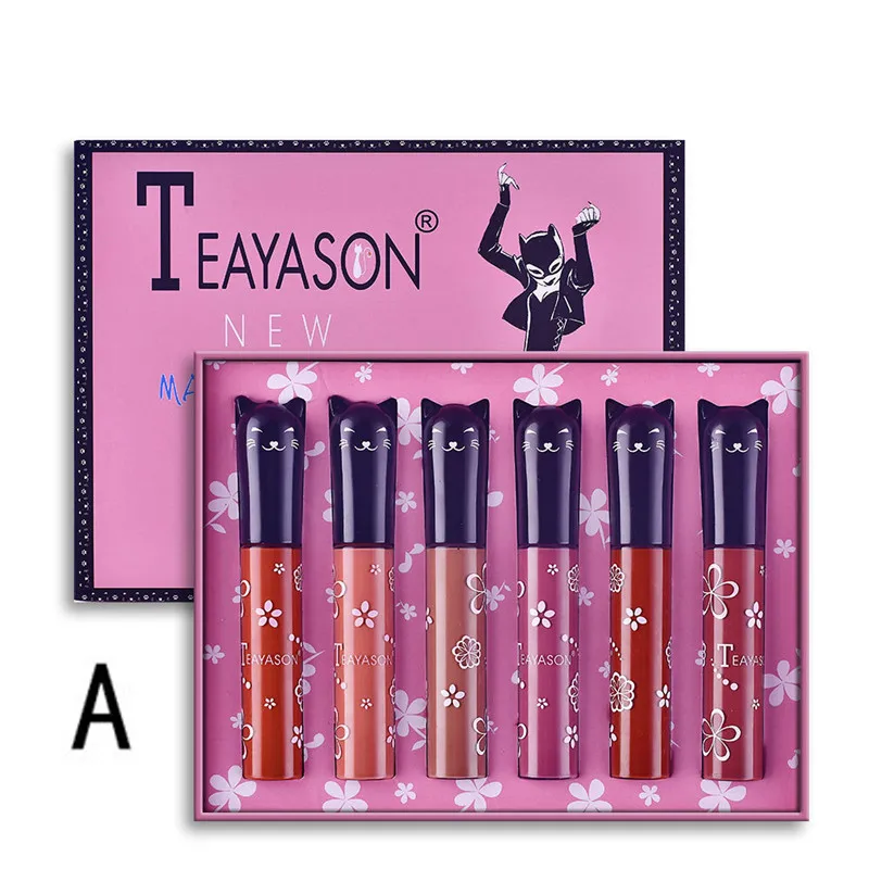1 6pcs/set Matte Lip Gloss Cute Cat Shaped Lipstick Set Not Fade Waterproof Lip Gloss Nude Velvet Lips Sexy Lip Glaze Cosmetic - Color: 1