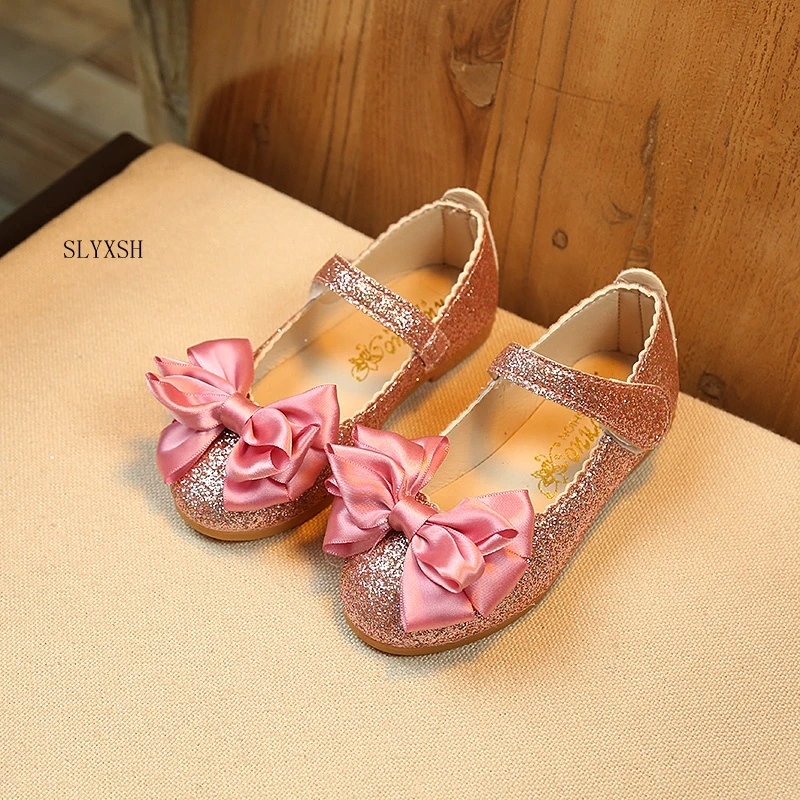 

SLYXSH Children girls leather shoes Autumn cute Bow Sequins princess shoes Kids leisure flat single shoes