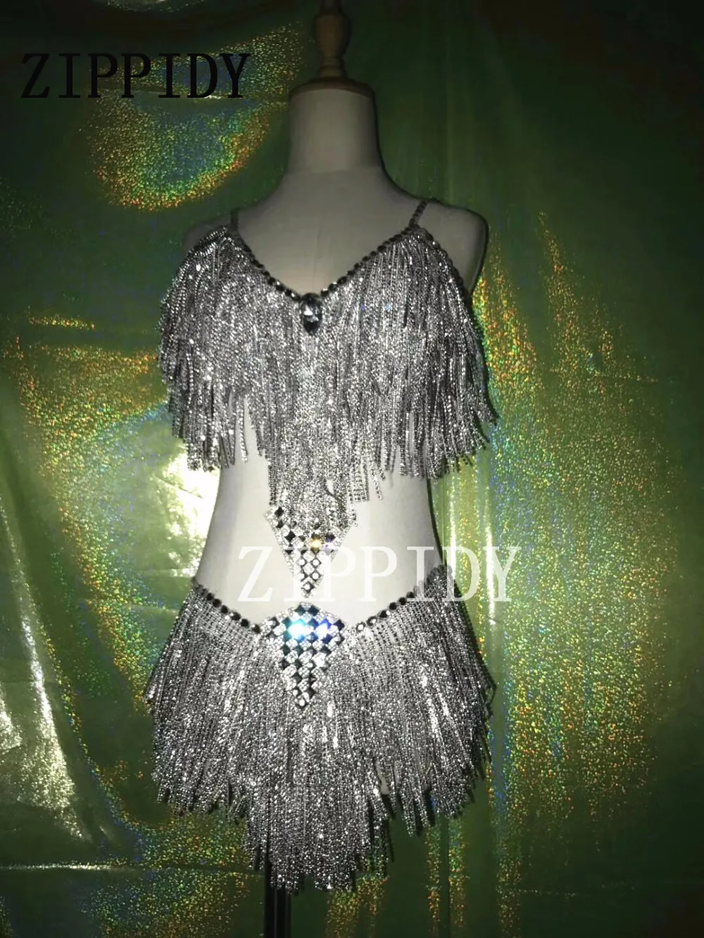 Sexy Silver Rhinestones Tassel Bodysuit Costume Stage Show Leotard Celebrate Performance Outfit Crystals Stones Wear