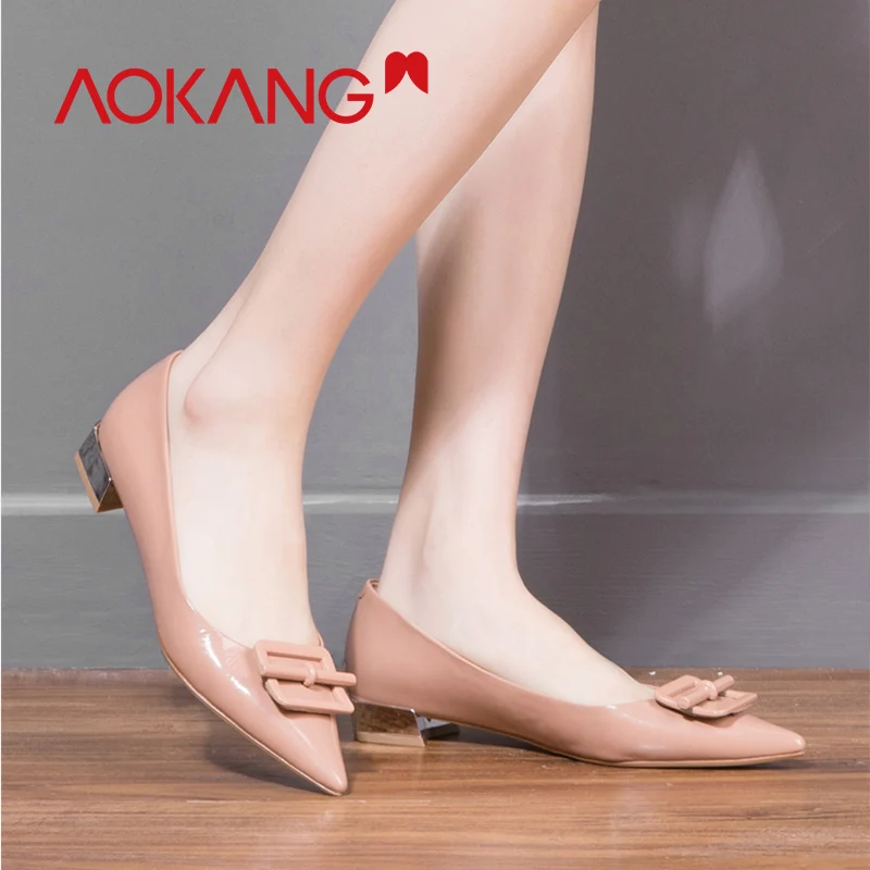 AOKANG/ г., весенне-летние туфли-лодочки на низком каблуке Офисная Женская обувь женские туфли-лодочки из высококачественной лакированной кожи женские туфли-лодочки розового цвета