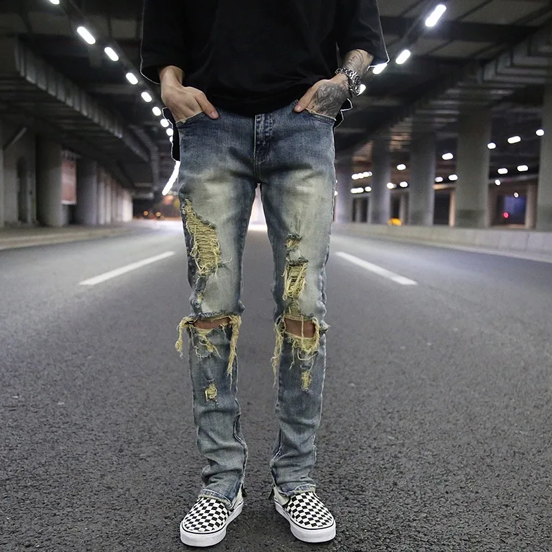 

Hole Jeans For Men High Street Beggar Washing To Do The Old Yellowed Wind Stretch Jeans Slim Tide Mens Skinny Jeans Brand