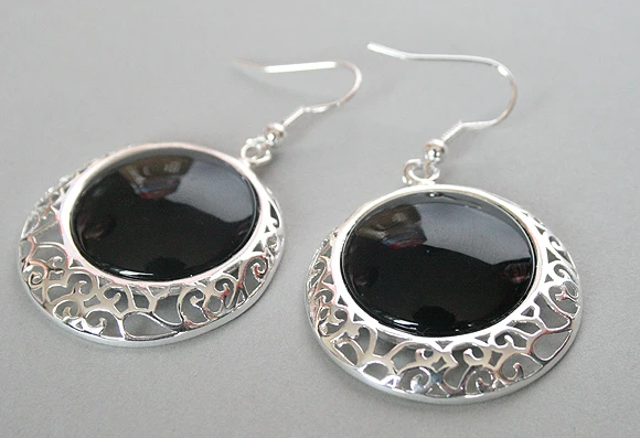 

925 Sterling Silver Hook Natural Black stone Onyx Coin Beads Earrings 2" -Bride jewelry free shipping