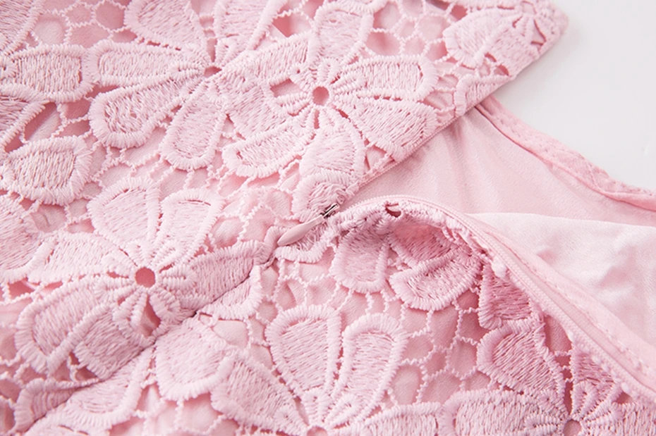 TAOYIZHUAI New Arrivals Spring Sweet Style Flare Sleeves O-Neck Plus Size Above Knee Pink Hollow Out Lace Women Dress 11832