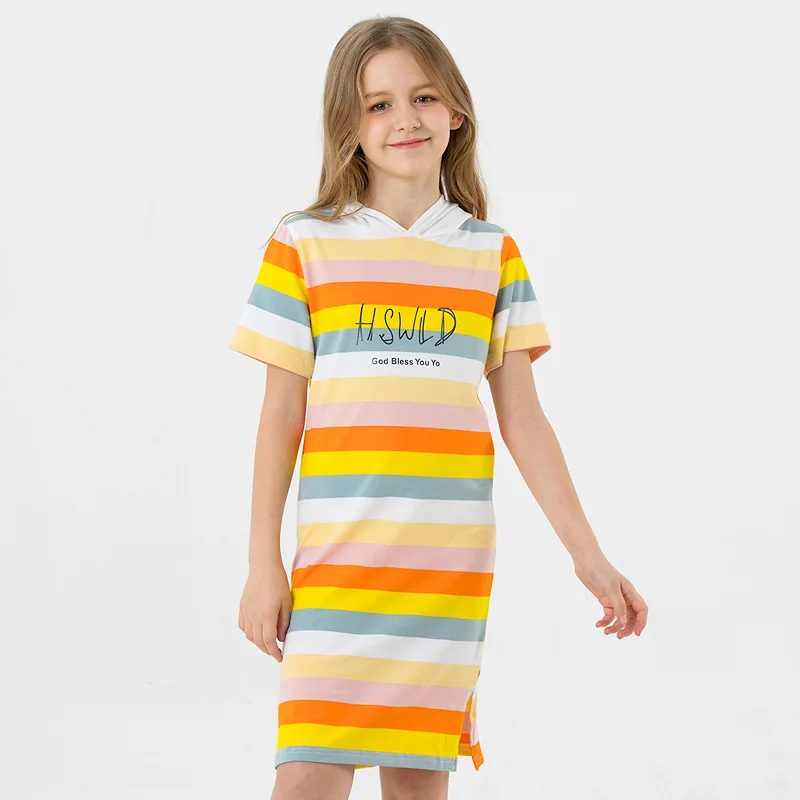 8361b girl dress Полосатое платье для девочек-подростков, летнее платье трапециевидной формы свободная футболка с капюшоном и милым буквенным принтом, платья на возраст 56789, 10, 11, 12, 13 лет - Цвет: 8361b girl dress