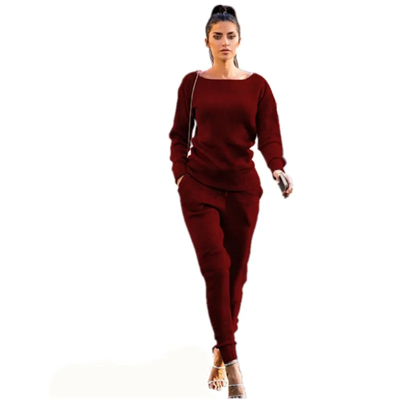 

spring Autumn Winter Women Set knitted suit Casual Track Suit O-neck Long Sleeve solid Bodycon Red women's sports suits 2020