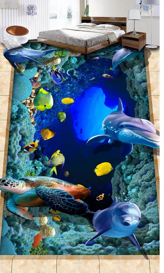 3D обои из ПВХ с рисунком в виде дельфина тропической рыбы|pvc flooring wallpaper|floor