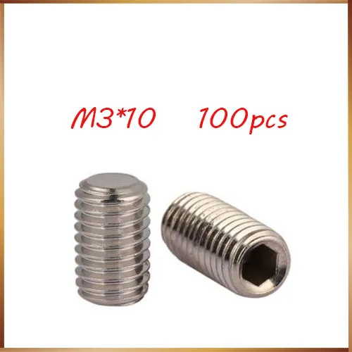 

100Pcs DIN913 M3*10mm 304 Stainless Steel Metric Thread Grub Screws Flat Point Hexagon Socket Set Screws Headless M3x10 mm
