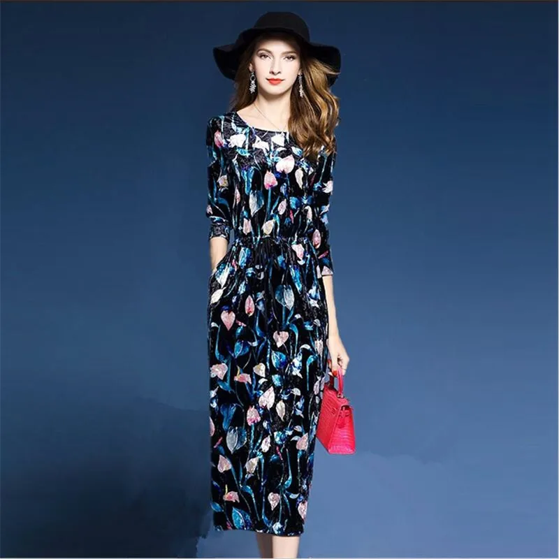2022 High End Spring Autumn Womens Dress Vestidos Velvet Elegant Floral Print Vintage Casual Party Midi Drerss -