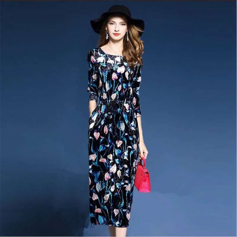 

2022 High End Spring Autumn Womens Dress Vestidos Velvet Elegant Floral Print Vintage Casual Party Midi Drerss -