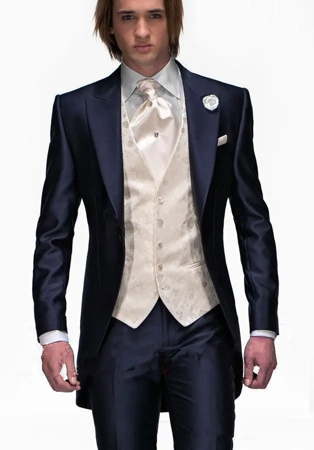 

Navy Blue Groom Tuxedos Peak Lapel Best Man Suit Groomsman Men Wedding Suits New