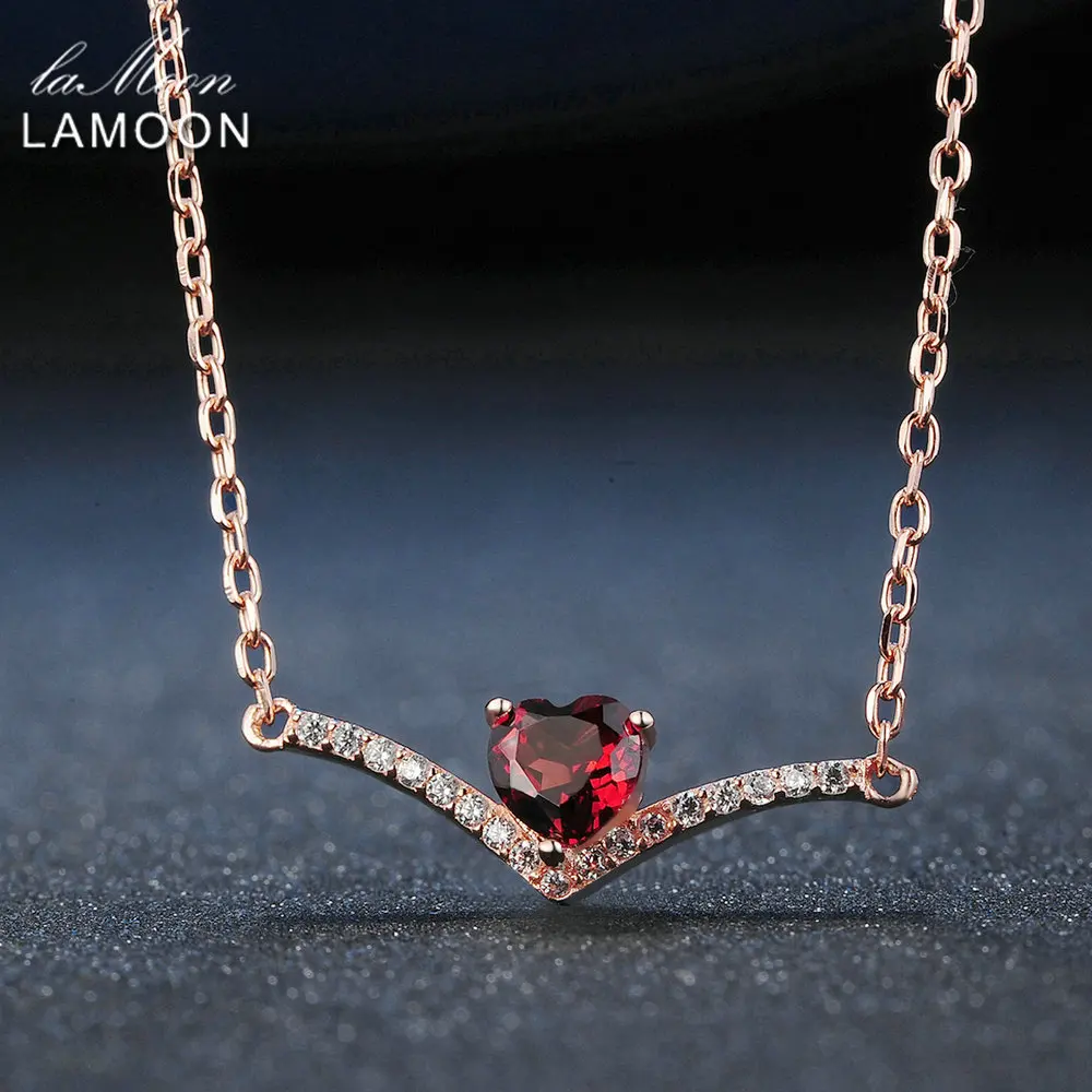 Lamoon Elegent 4mm Natural Heart Red Garnet 925 Sterling Silver Chain Pendant Necklace Women Jewelry  S925 LMNI044