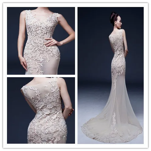V-Neck Spaghetti Strap Button Lace Applique Mermaid Court Train Wedding Dresses 2015 Free Shipping | Свадьбы и торжества