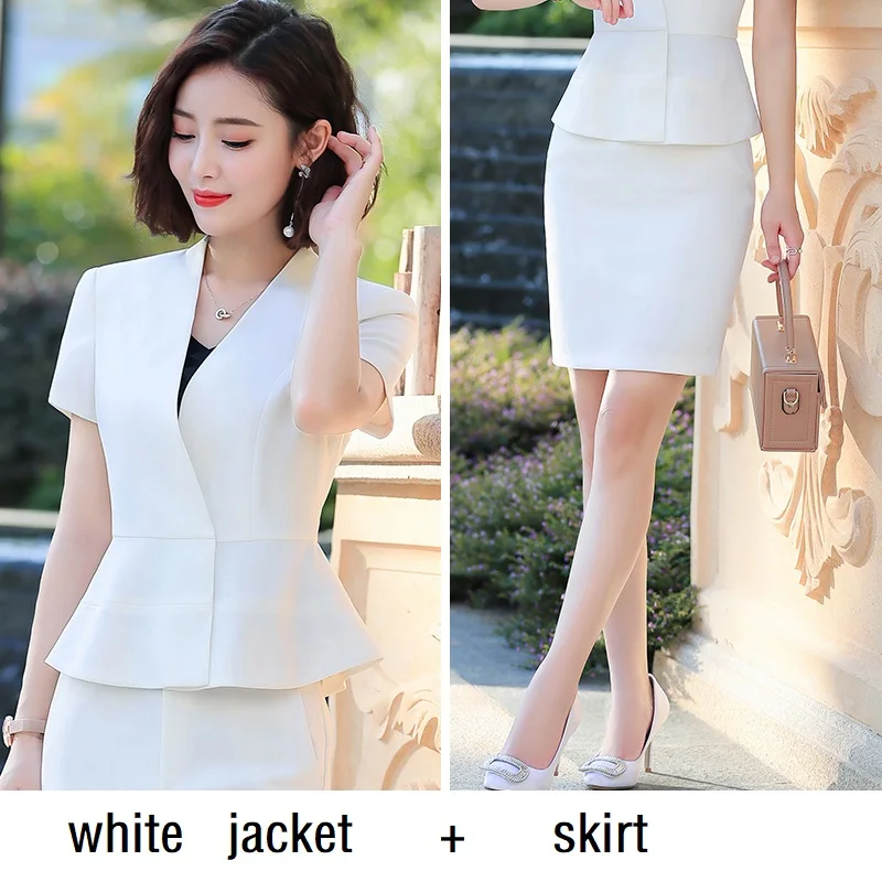 white jacket skirt Женские костюмы тонкий летний короткий рукав короткая куртка брюки 2 шт набор OL формальные женские брючные костюмы женский комплект костюмы 8851 - Цвет: white jacket skirt