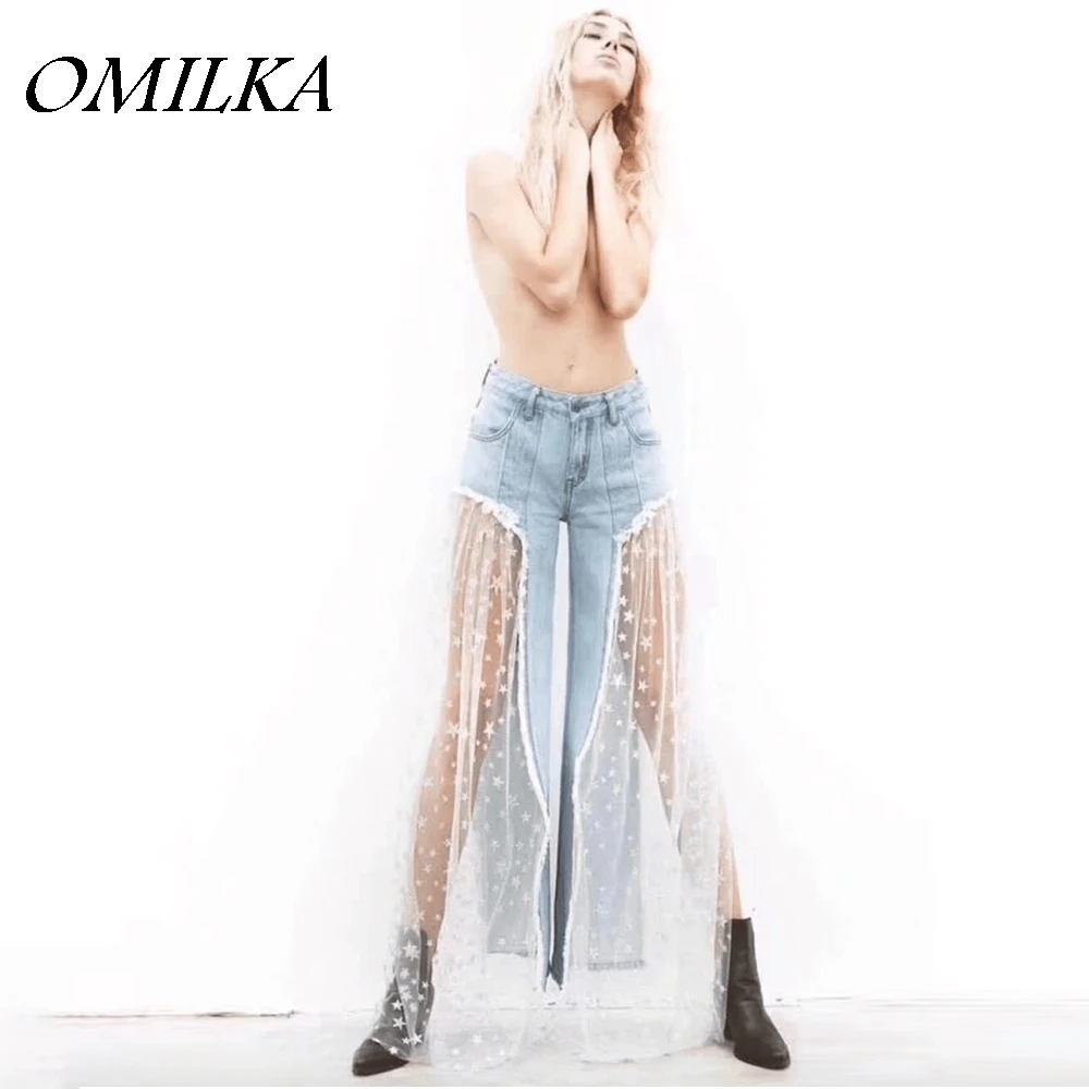 Женские сетчатые широкие джинсы OMILKA, Клубные Свободные Лоскутные вечерние джинсы с высокой талией в стиле хип-хоп, осень 2018