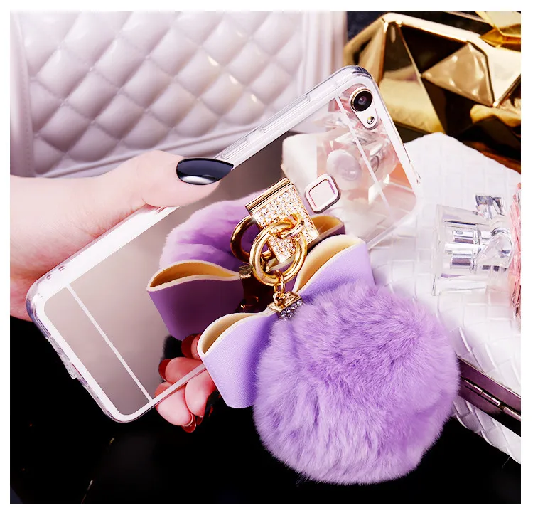 Ainike Soft Rabbit Fur Ball Bowknot Bling Diamond Tassel Mirror TPU Phone Cover Case For Vivo U1 Z3X Y91 Y85 Y73 Y66 Y31 X30Pro |