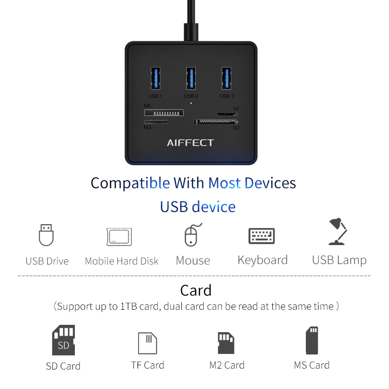 AIFFECT высокое Скорость 3 Порты USB разветвитель 0 концентратор конвертер с TF SD M2 MS Card