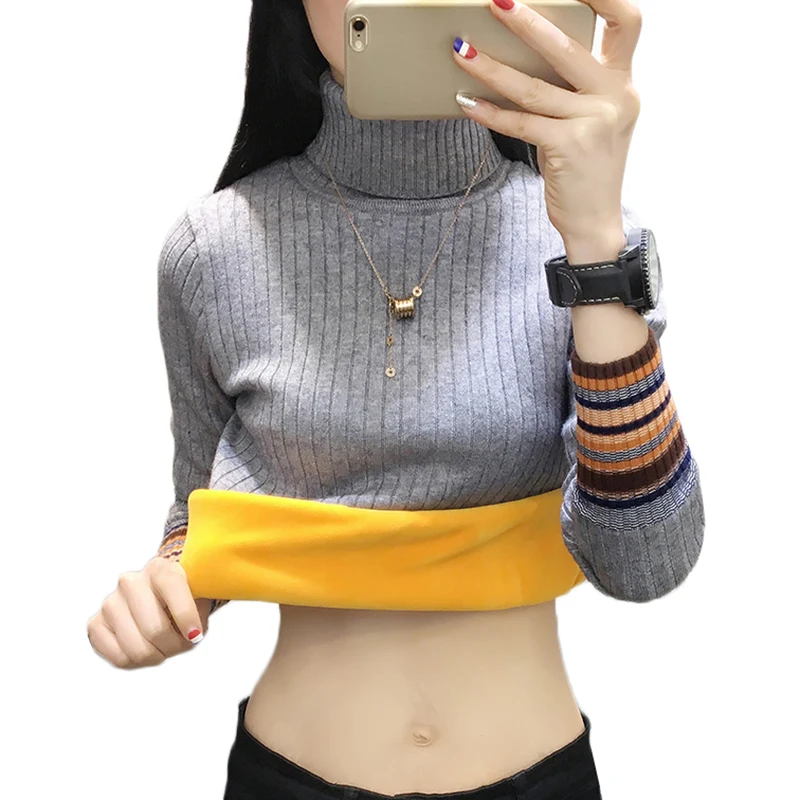 Winter Turtleneck Sweater Pullover Women New Plus Velvet Warm Slim Pull Knit Bottoming Shirt Long-sleeved Jumper Female | Женская одежда