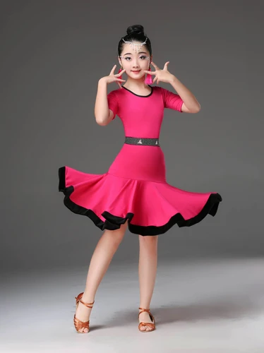 Pink Short Sleeve Платье для латинских танцев для девочек, длинный короткий рукав, тренировочная юбка для латинских танцев, одежда для Бальных выступлений, юбка для латинских танцев - Цвет: Pink Short Sleeve