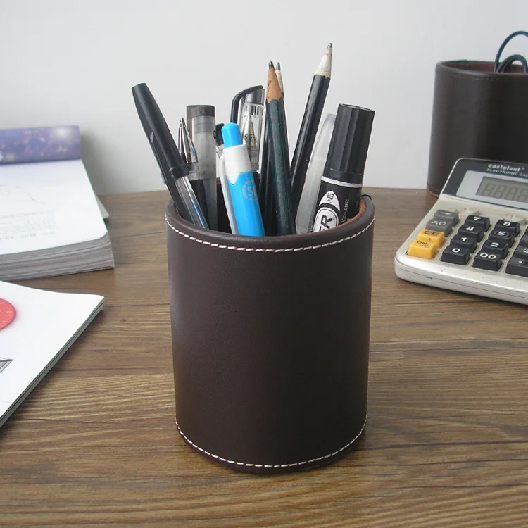 

round leather pen pencil box case desk stationery organizer holder office accessories brown 2040