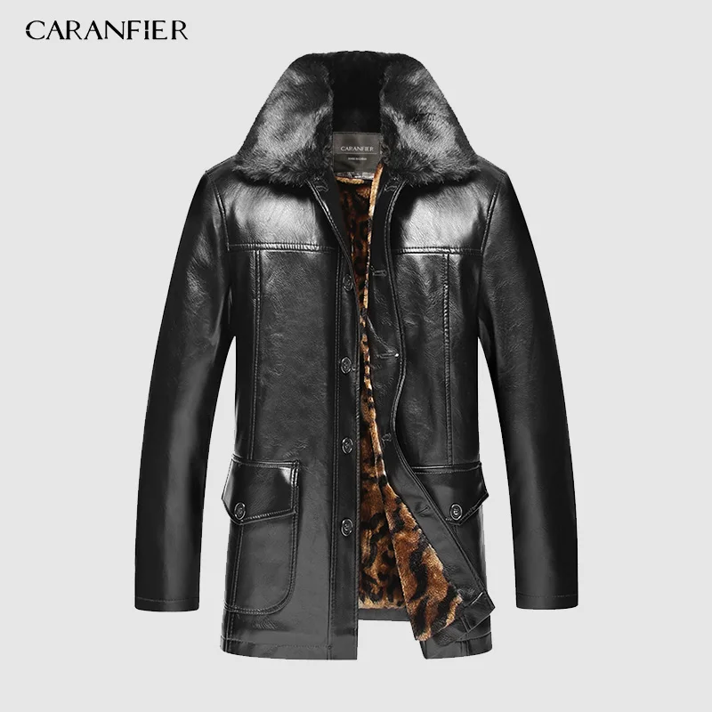 

CARANFIER 2019 Mens Jacket Winter Plus Velvet Thick Jacket Male Middle-aged Leather Men's Fur Collar Detachable Men Clothing 4XL