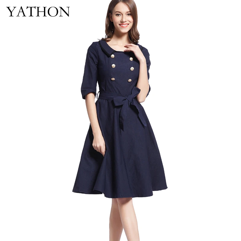 YATHON Женская Кнопку Старинные Большие Качели Партии Dress Хепберн Стиль половина