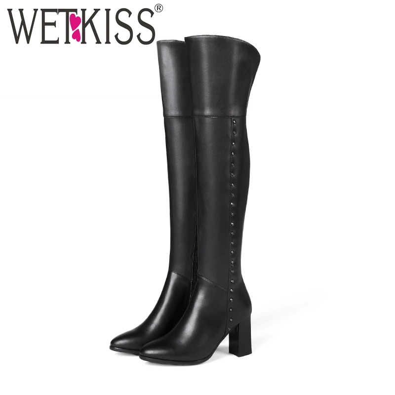 WETKISS/Новинка женские Сапоги выше колена обувь с круглым носком и заклепками