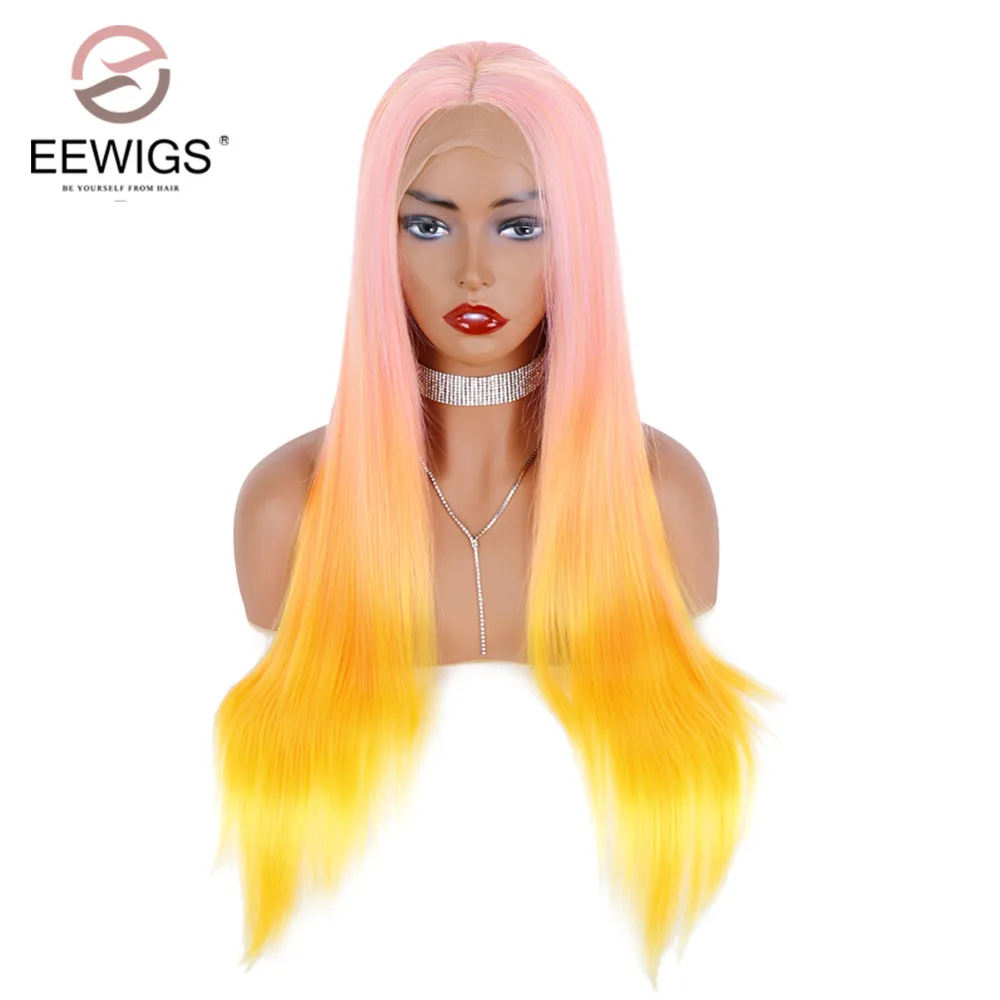 EEWIGS, желтый, Ombre, розовый синтетический парик на кружеве, жаропрочные Длинные прямые парики, высокотемпературные парики для женщин
