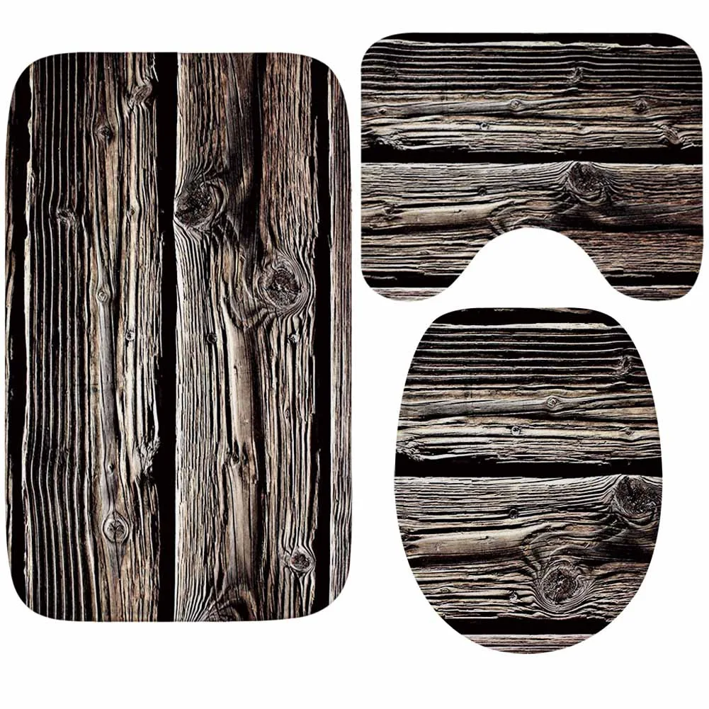 

3Pcs Bath Rug Wood Series Decorative Super Soft Thick Flannel Bath Toilet Mats Set Anti-slip Bathroom Door Mat