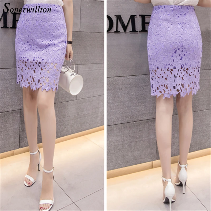 Elegant Lace Pencil Skirts Hollow Out Pink White Black Bandage Short Skirt For Women Spring Summer Work Wear High Waist Skirts