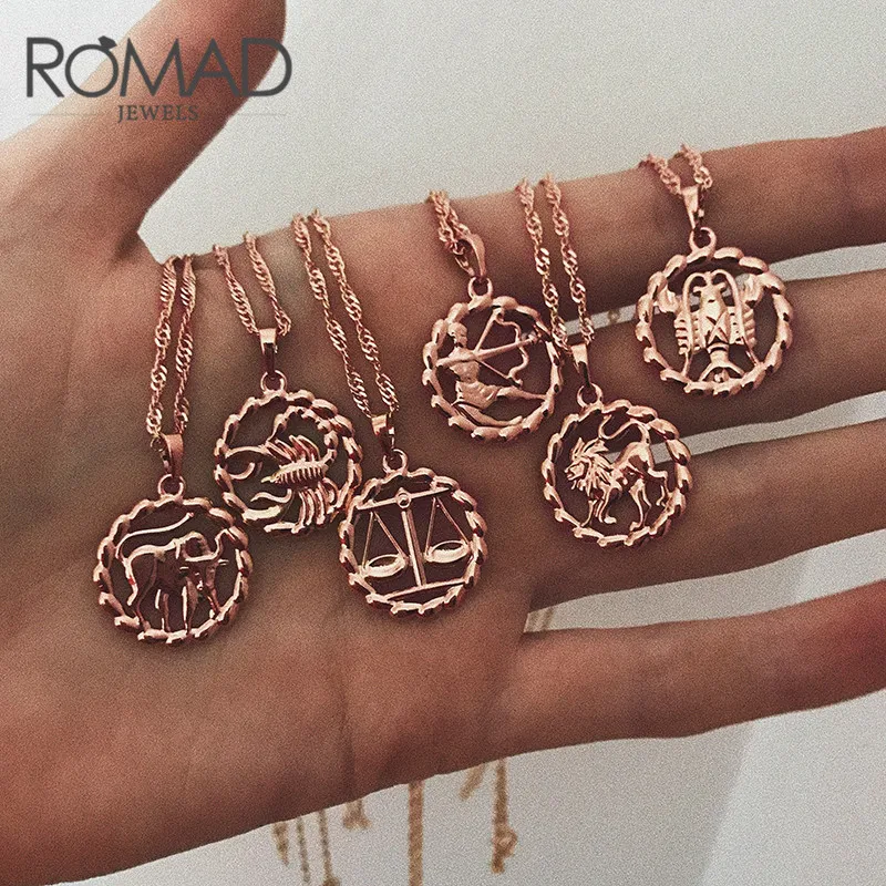 ROMAD ожерелье с подвеской для женщин 12 Знак зодиака, созвездие, желтое розовое золото, заполненное женское ожерелье s круглой формы Мода R4