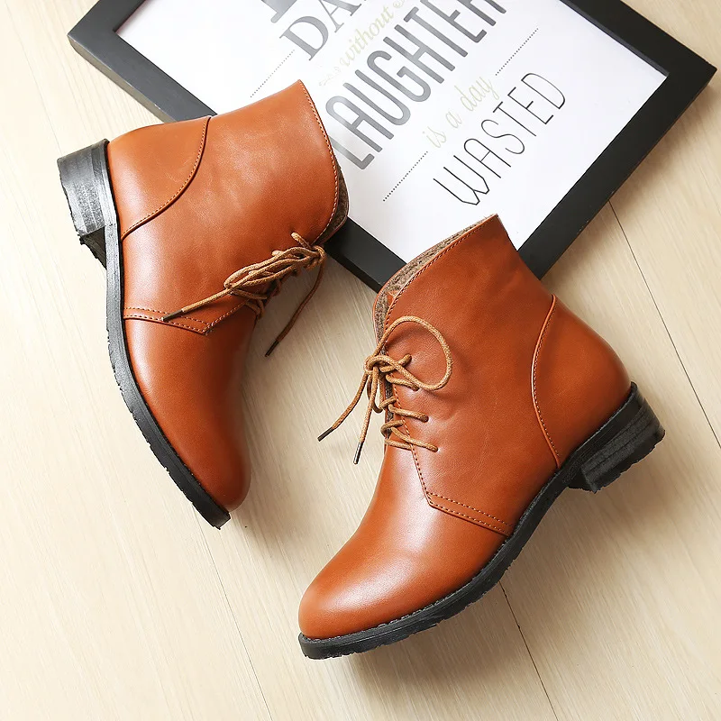 Taomengsi Women's Boots Brown Plus Velvet Thickening Martin Front Strap Lace-Up Round Toe Ladies black ZE33-43 | Обувь