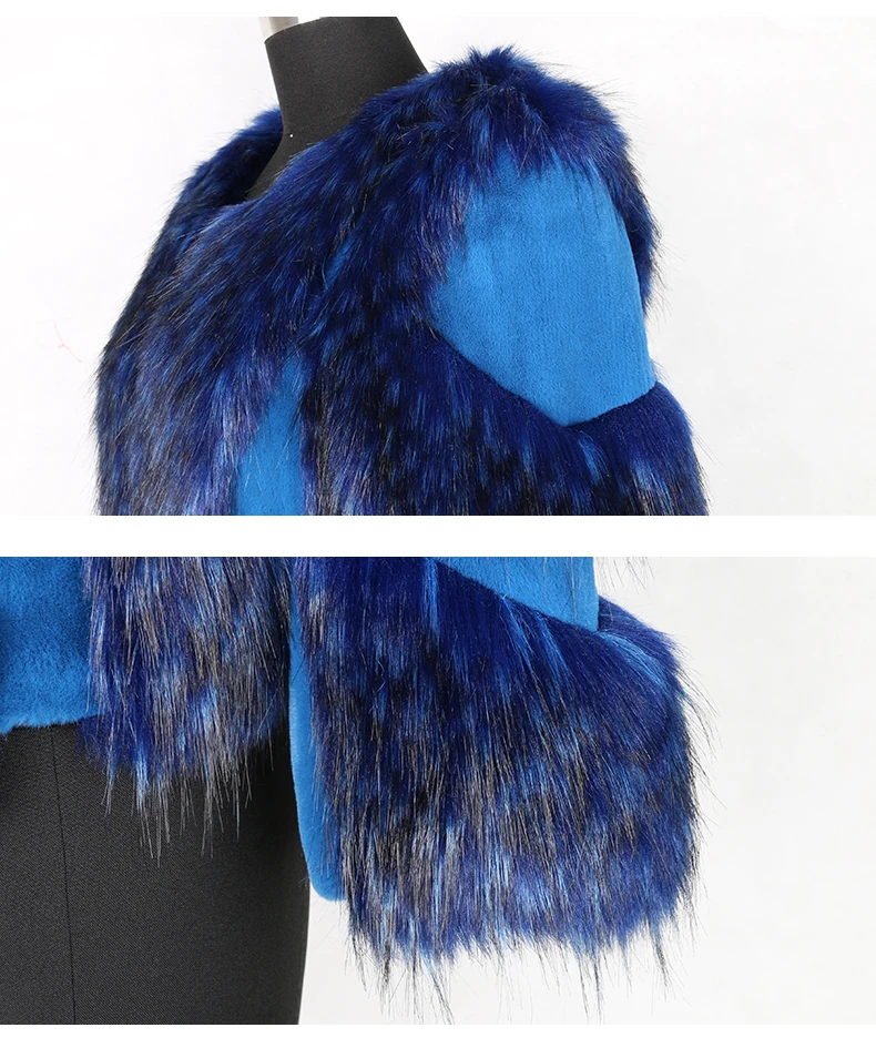 Nerazzurri Winter fox fur and rex rabbit fur color block patchwork fake fur jacket blue short warm big size faux fur coat women