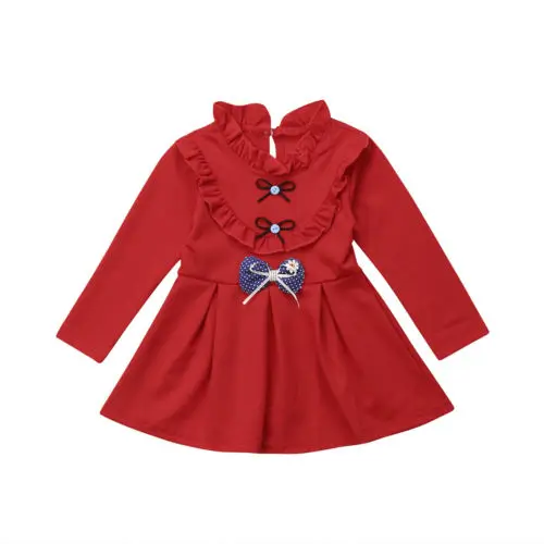 2018 Autumn Flower Girl Princess Bowknot Dress Kids Baby Party Wedding Long Sleeve Ruffle Collar Red Tutu Dresses Clothes | Детская