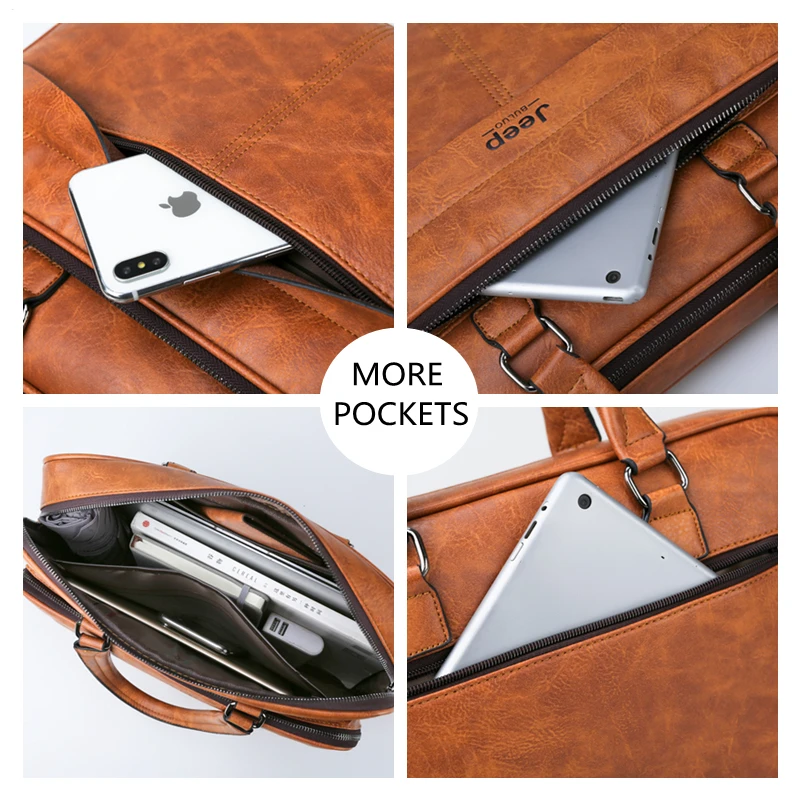 JEEP BULUO Famous Brand High Quality Business Leather Shoulder Messenger Bags Men's Briefcase Bag Travel Handbag 14 inch Laptop