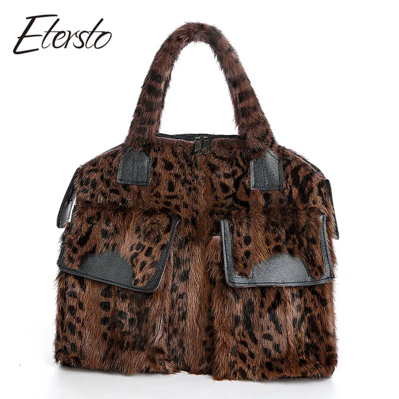 Etersto Новинка 2017 года реальный Браун норки женские сумки обувь из кожи и меха Сумка