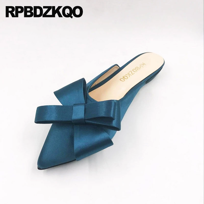 

Large Size Women Slippers Sandals 12 44 Bow Satin Navy Blue Pointed Toe 13 Mules Custom 2021 Ladies Beautiful Flats Shoes Cute