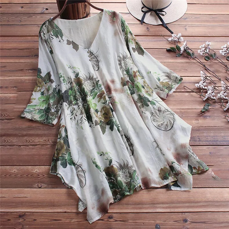 Винтажная женская футболка с цветочным принтом v-образным вырезом асимметричным