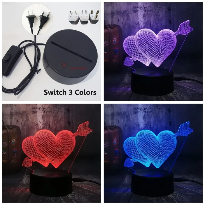 Switch one 3 Color Романтическая любовь 3D стрелка через сердце светодиодный Ночной светильник Настольная лампа Свадебные Украшения в спальню для влюбленных и пара и лучшим подарком - Испускаемый цвет: Switch one 3 Color